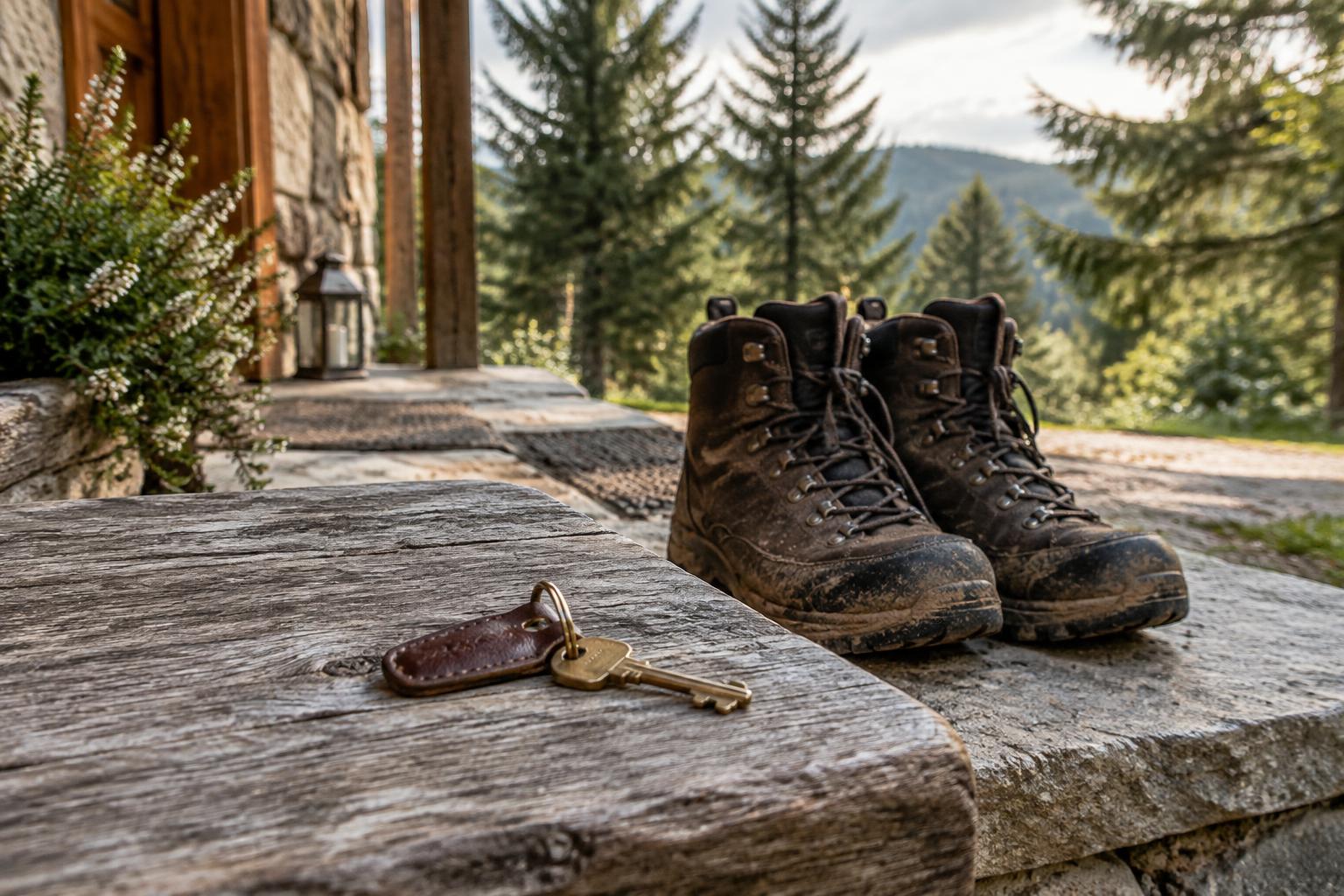 Sfeerbeeld: chaletsleutel en modderige wandelschoenen bij een sparrenbos