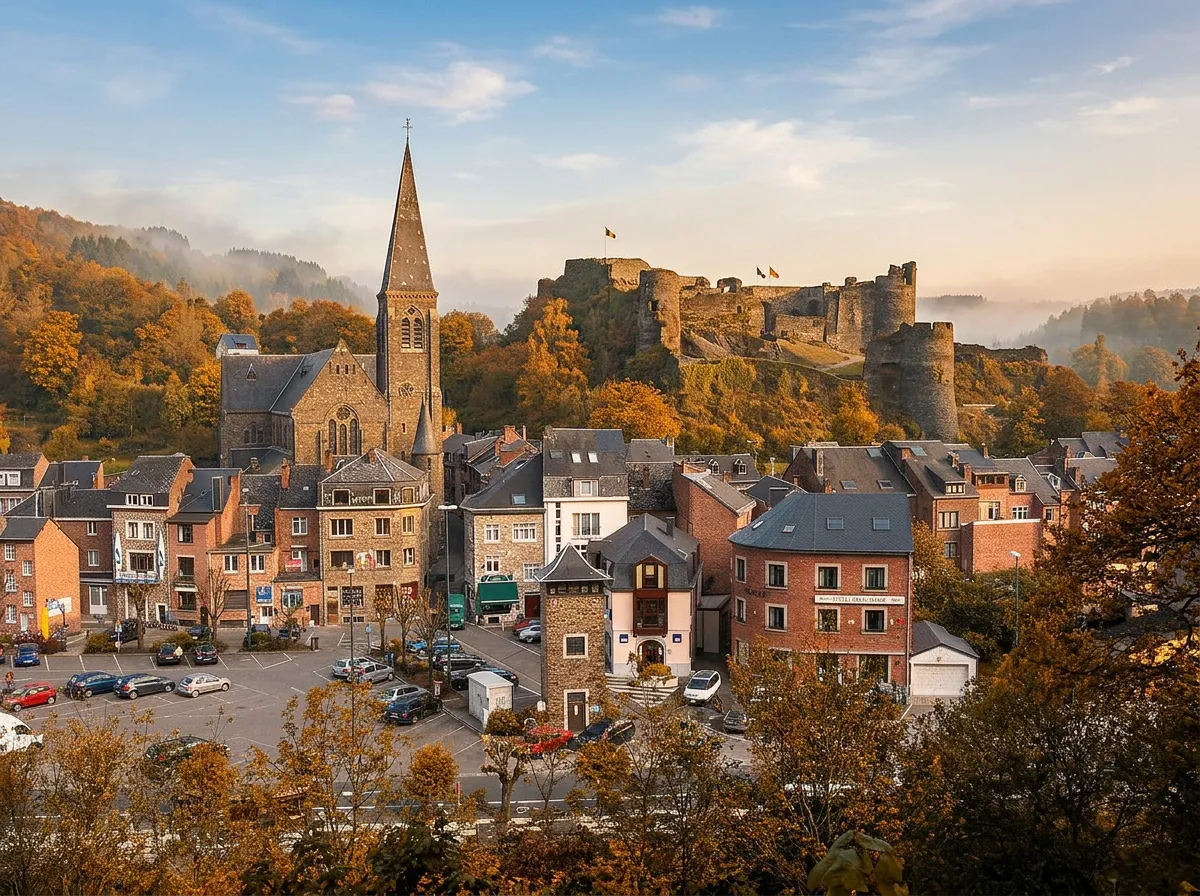 La Roche-en-Ardenne met zijn kerk, huizen en kasteel op de groene heuvel